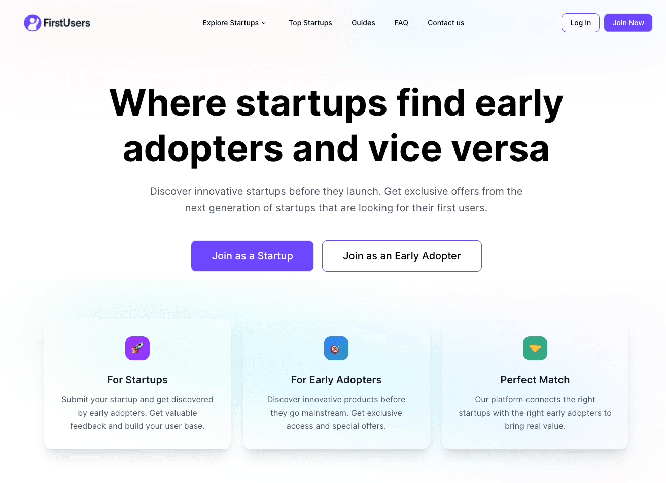 Interfața FirstUsers pentru marketplace-ul de utilizatori timpurii